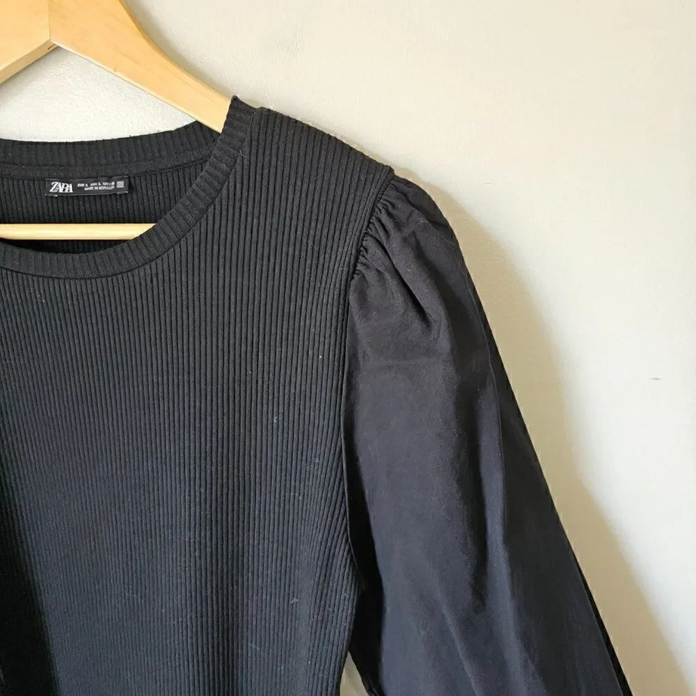 EUC ZARA BLACK PUFFED SLEEVES EMBROIDERED CUFFS LONG SLEEVES TOP SIZE L